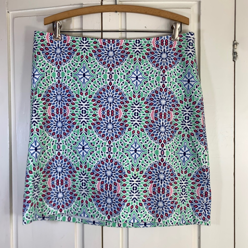 Talbots Womens Size 12 Green Blue Pink Geometric Kaleidoscope A-Line Mini Skirt